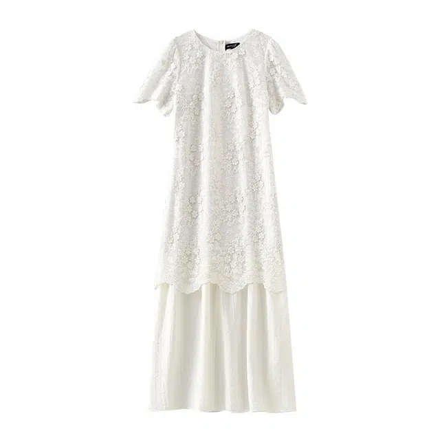 欧昵雪 高级感重工提花蕾丝裙子高级感气质短袖连衣裙 女款