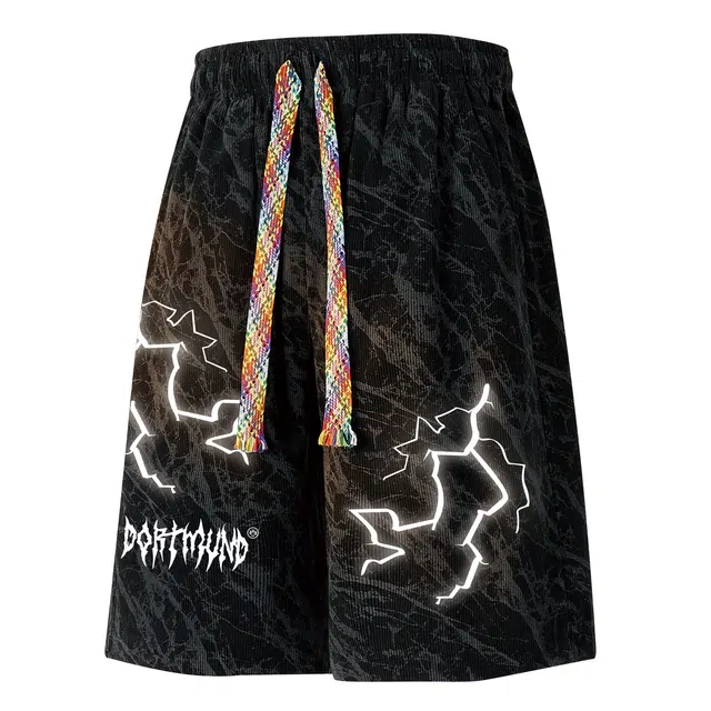 普鲁士多特蒙德 美式街头潮牌闪电荆棘字母吸湿速干中腰百搭训练透气宽松五分休闲短裤 男女同款