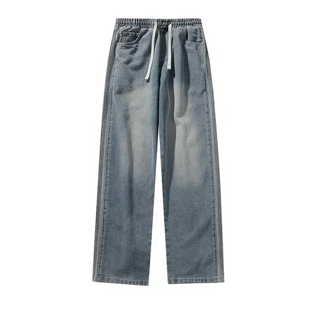 童先森 潮牌日系简约拼接直筒宽松牛仔裤 男款