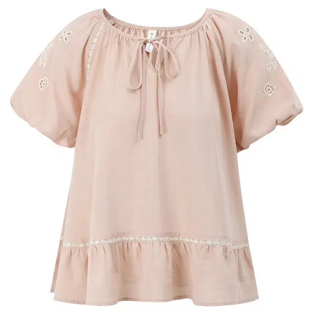 谜秀 粉色夏季镂空纯色泡泡袖短袖圆领法式衬衫 女款