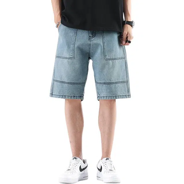 法文箱子 美式高街潮牌外穿日系宽松五分裤子休闲中裤牛仔短裤 男款