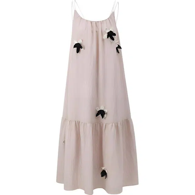 谜秀 粉色夏天丝亚麻混纺提花无袖度假风高腰吊带连衣裙 女款 粉色