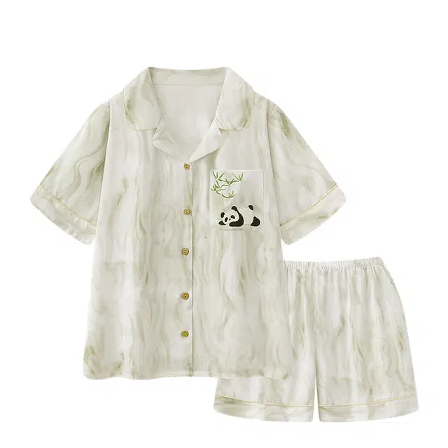 俏韵 翻领卡通可爱熊猫短袖凉感家居服可外穿三分裤夏季睡衣套装 男女同款