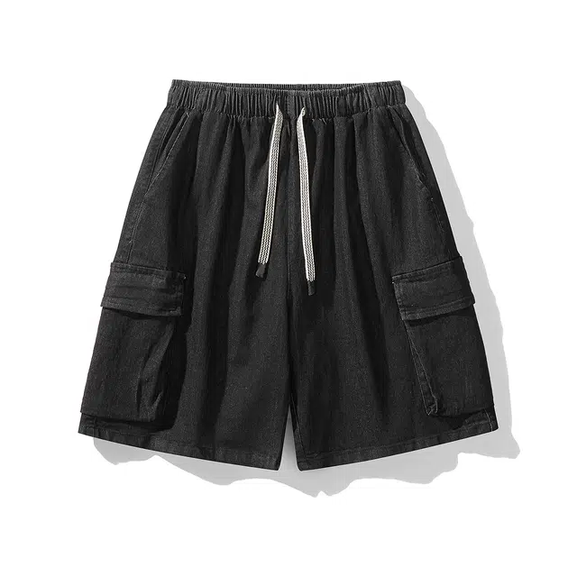 领航骆驼 工装多口袋微弹高街潮流水洗做旧宽松舒适纯色户外通勤百搭休闲牛仔短裤 男女同款