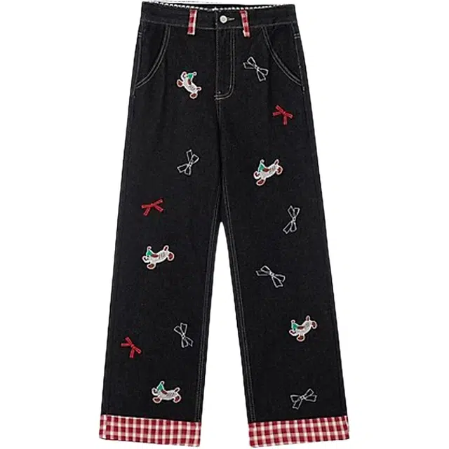 木清清 美式复古刺绣高腰设计感小众直筒裤子牛仔裤 女款