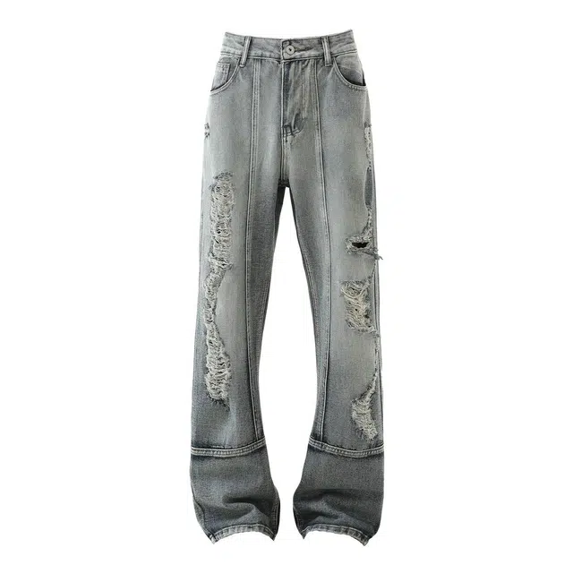 童先森 美式高街潮牌复古水洗大破洞宽松直筒废土风裤长裤牛仔裤 男款