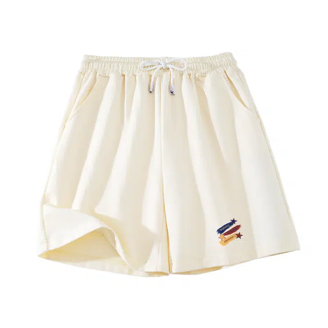 棉致 时尚简约个性星星涂鸦纯色系带弹性舒适吸湿透气纯棉轻薄宽松基础通勤五分休闲短裤 女款