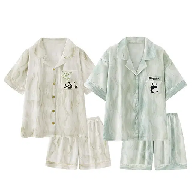 俏韵 翻领卡通可爱熊猫短袖凉感家居服可外穿三分裤夏季睡衣套装 男女同款