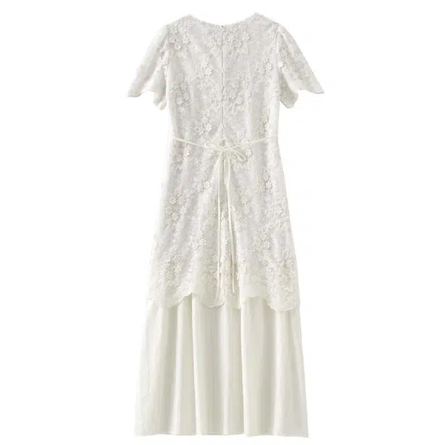 欧昵雪 高级感重工提花蕾丝裙子高级感气质短袖连衣裙 女款