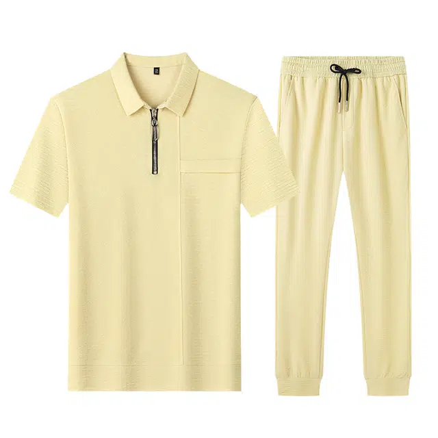 老爷车 翻领冰爽纯色透气短袖舒适百搭简约时尚长裤休闲运动套装 男款