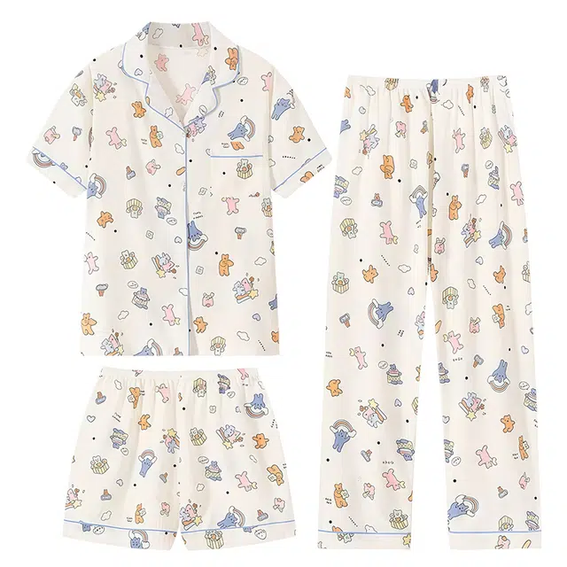 俏韵 翻领卡通小熊短袖家居服可外穿睡衣套装 女款