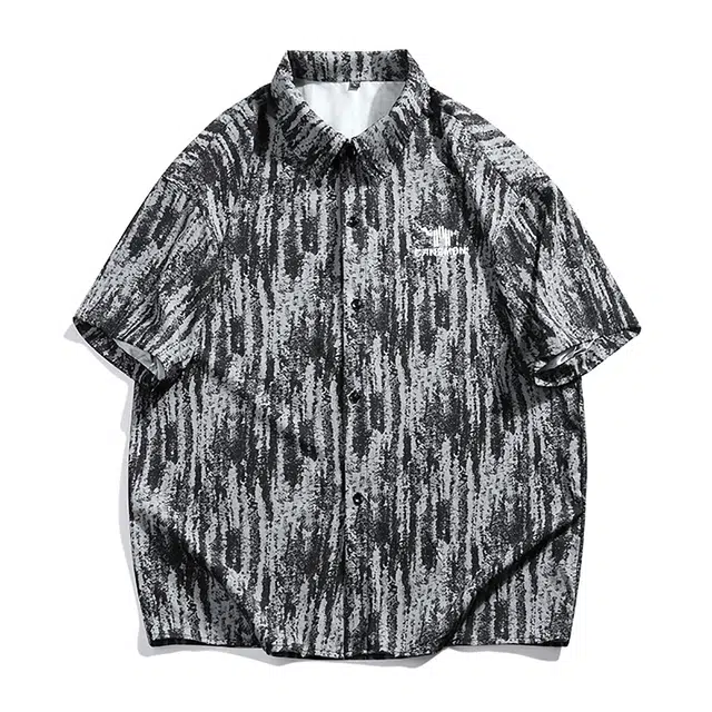 领航骆驼 复古休闲日常百搭渐变宽松简约时尚高级感落肩翻领短袖衬衫 男女同款