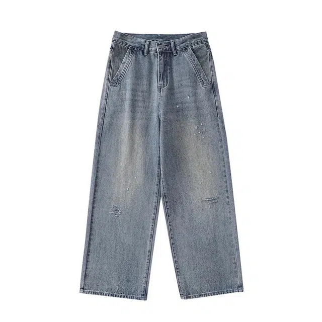 童先森 美式潮牌痞帅猫须水洗破洞做旧宽松阔腿牛仔裤 男款