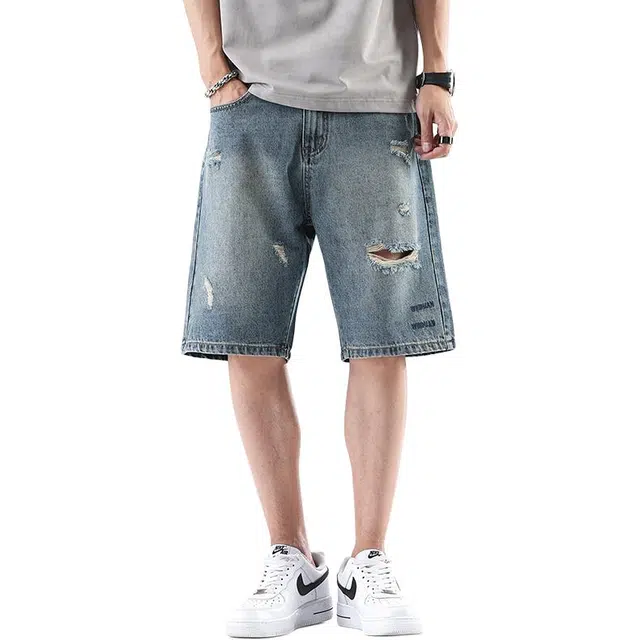 法文箱子 美式复古痞帅破洞宽松街头大码中裤夏季款五分裤子牛仔短裤 男款