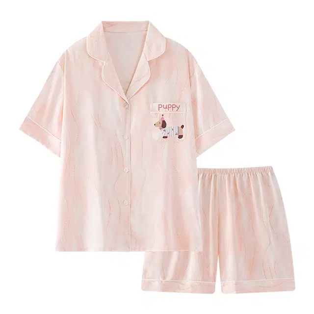 顶瓜瓜 冰丝翻领开衫卡通腊肠狗家居服短袖三分裤睡衣套装 男女同款