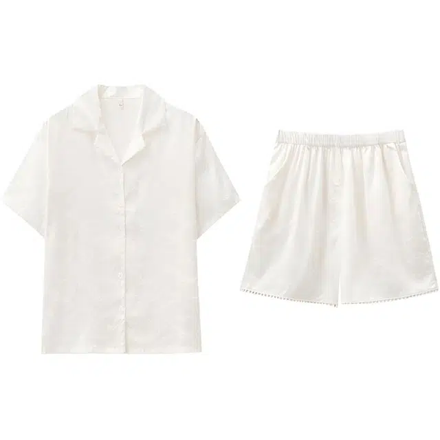 北极绒 短袖纯色翻领短裤家居服睡衣套装 女款