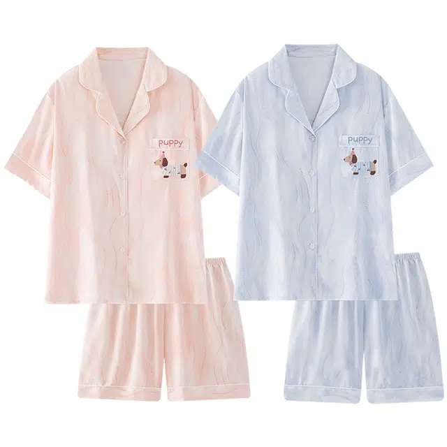顶瓜瓜 冰丝翻领开衫卡通腊肠狗家居服短袖三分裤睡衣套装 男女同款