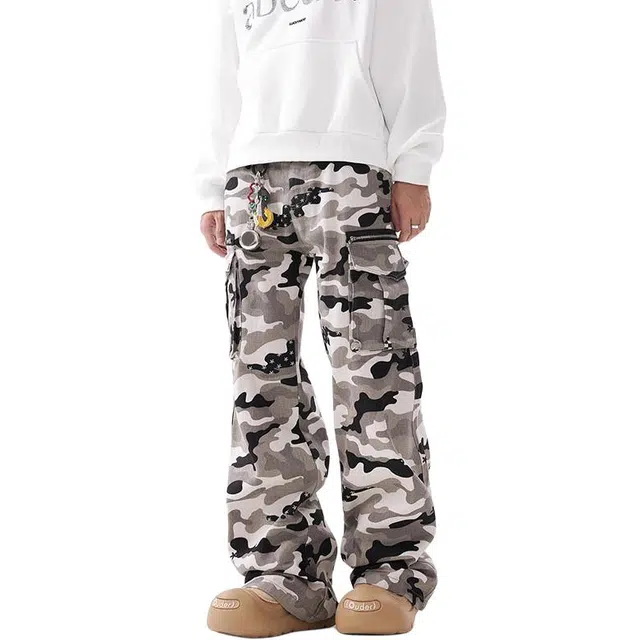 拾个壹先生 美式复古口袋波点迷彩工装街头嘻哈微喇休闲百搭牛仔裤 男女同款