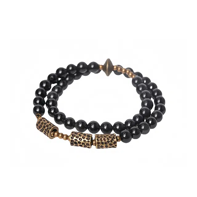 宣华意 带眼彩曜珠子双层复古个性设计潮 黑曜石 手串 男女同款情侣款