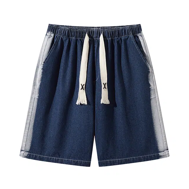 领航骆驼 户外日常通勤高街拼色水洗做旧宽松百搭垂感直筒牛仔短裤 男女同款
