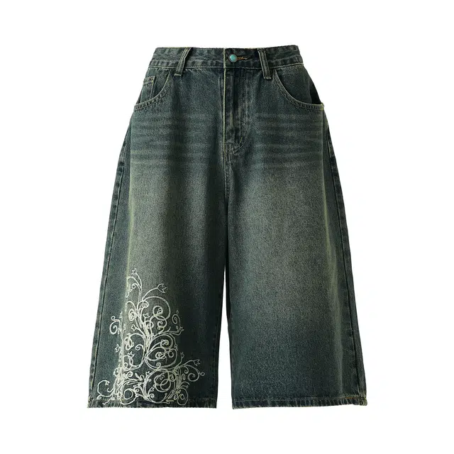 法文箱子 美式复古高街重工绣花宽松阔腿七分牛仔短裤 男款