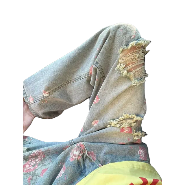 臣目 美式高街花卉破洞牛仔裤男款夏季高级感显瘦裤子玫瑰满印直筒裤长裤 男女同款