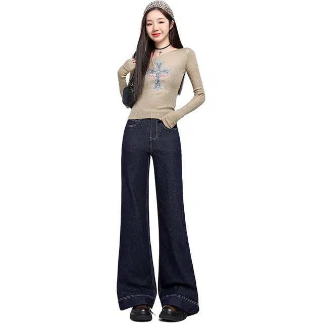 水中花 美式复古高腰显瘦宽松垂感拖地喇叭牛仔裤 女款