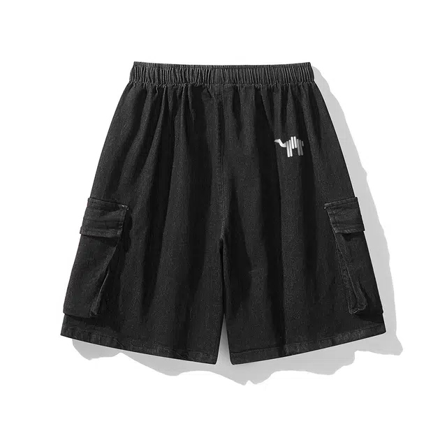 领航骆驼 工装多口袋微弹高街潮流水洗做旧宽松舒适纯色户外通勤百搭休闲牛仔短裤 男女同款