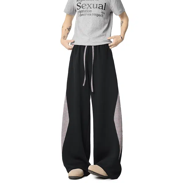 八哥 美式复古高街格子弯刀阔腿卫裤宽松舒适时尚百搭运动休闲裤 男女同款