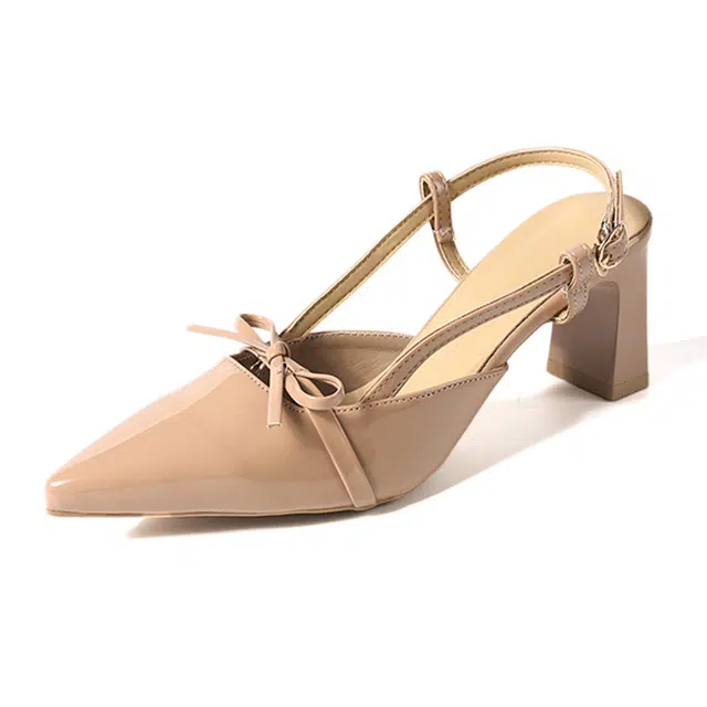 小鹿米利 蝴蝶结女尖头气质一字扣带包头后空 粗跟 高跟鞋 女