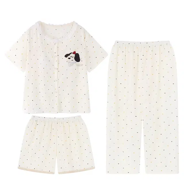 俏韵 卡通小狗乐园带胸垫甜美短袖薄款家居服可外穿睡衣套装 女款