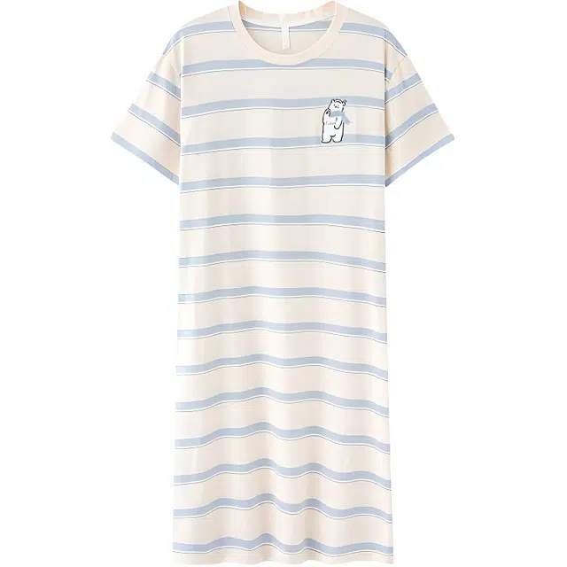 北极绒 带胸垫卡通动漫条纹短袖圆领睡裙 女款