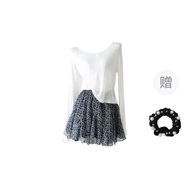 雾闪闪 空冰丝防晒罩衫长袖显瘦气质松紧腰花裙裙装套装 女款