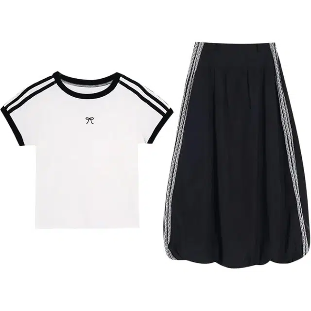 木清清 条纹正肩短袖半身裙女夏季休闲套装 女款