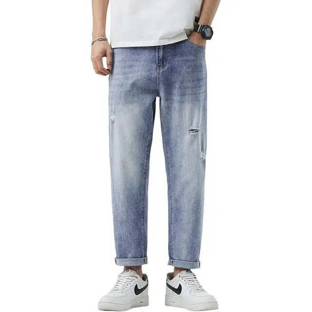 宝米卡 薄款潮牌破洞宽松直筒弹力锥型九分牛仔裤 男女同款