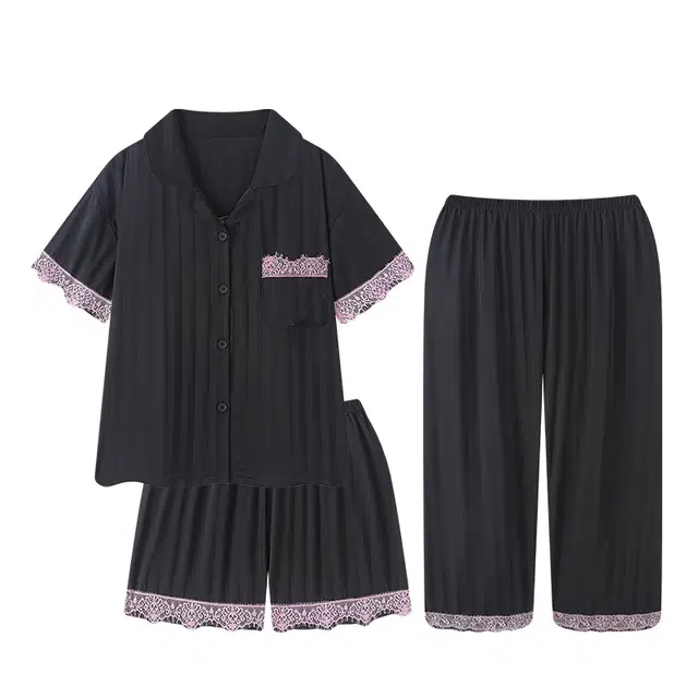 俏韵 翻领高级感蕾丝拼接短袖凉感家居服可外穿睡衣套装 女款