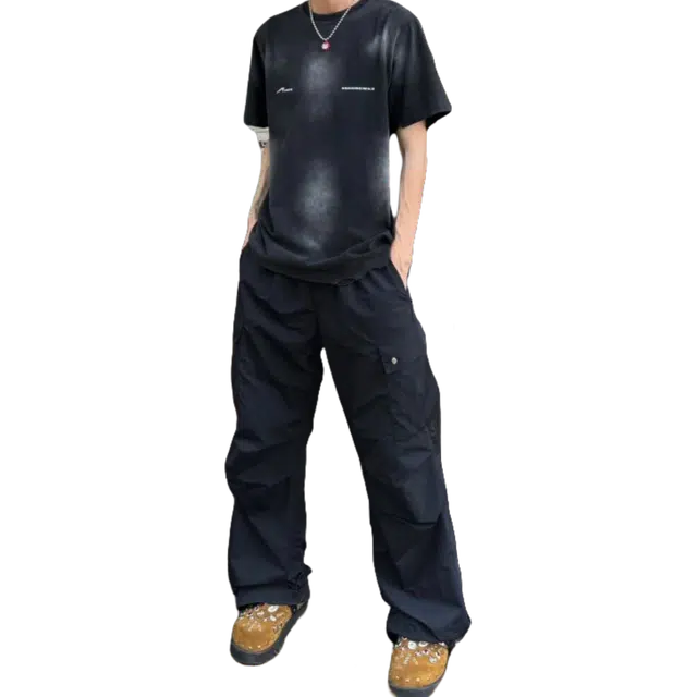 冈哉 美式复古高街拼接多口袋褶皱解构设计伞兵休闲裤户外宽松百搭潮流痞帅运动直筒阔腿垂感拖地工装裤 男女同款