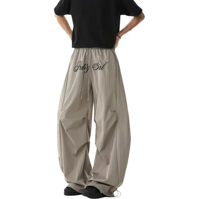 童先森 美式高街字母刺绣褶皱伞兵裤子夏宽松阔腿速干长裤运动休闲裤 男款