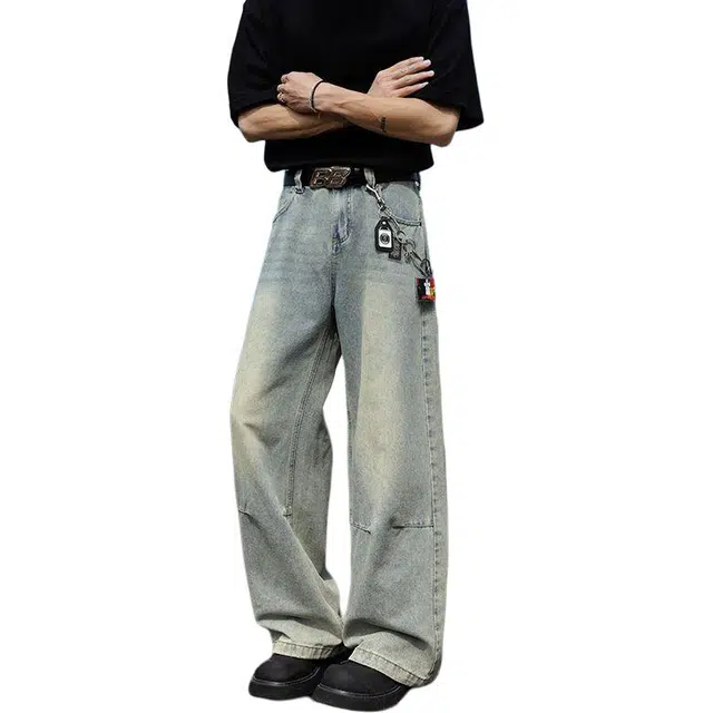童先森 美式做旧水洗痞帅阔腿高街宽松运动牛仔裤 男款