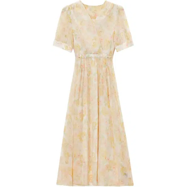 黛尔佳人 碎花超好看夏季高腰收腰小个子气质茶歇法式长裙子短袖连衣裙 女款