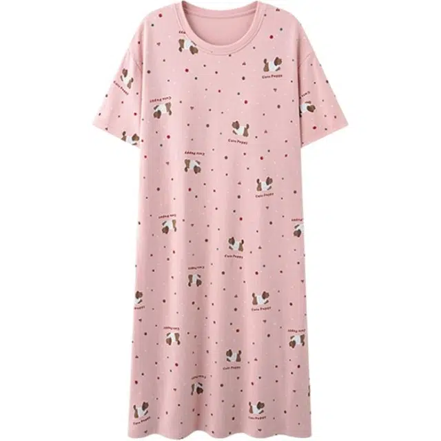 北极绒 卡通小狗波点薄款圆领短袖睡裙 女款