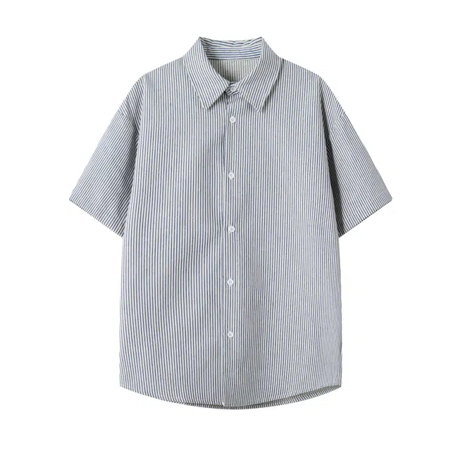 颂希尔 美式复古条纹设计感翻领衬衣外套潮流百搭立体版型短袖衬衫 男女同款