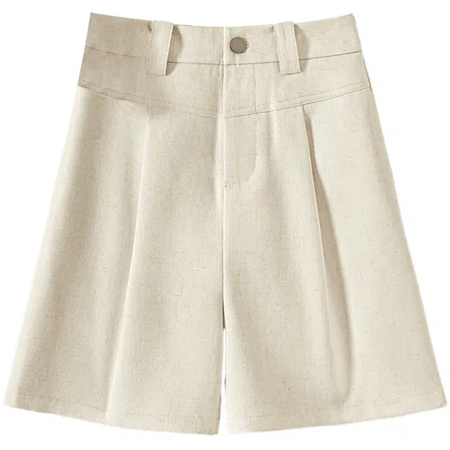 她池 简约气质工装风松紧腰直筒休闲短裤 女款 米色