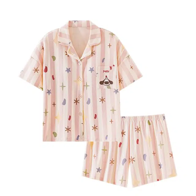 俏韵 翻领卡通简约短袖家居服可外穿睡衣套装 女款