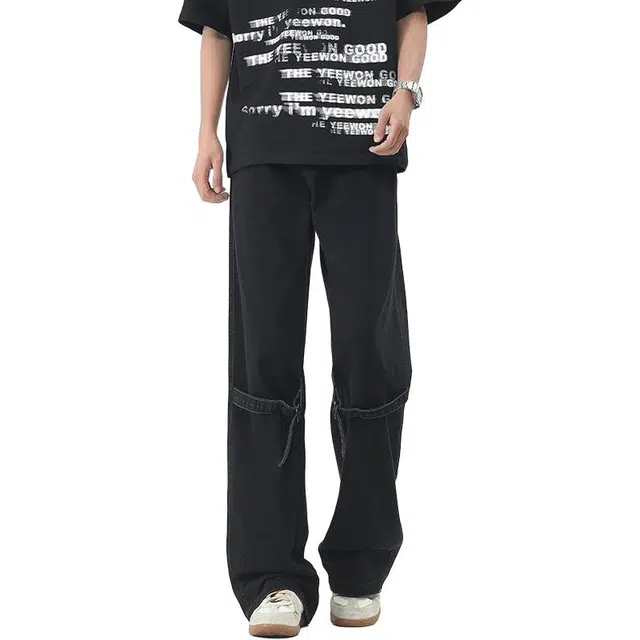 童先森 微喇美式高街水洗裤子潮牌痞帅宽松青少年阔腿裤牛仔裤 男款