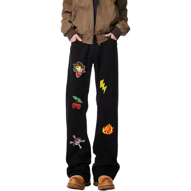 物质公式 美式高街复古潮牌微喇叭水洗做旧炸街神裤时尚百搭创意印花图案设计牛仔裤 男女同款