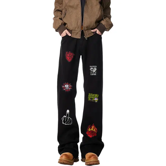 物质公式 美式高街复古潮牌水洗做旧微喇叭休闲裤时尚个性创意图案设计长裤牛仔裤 男女同款