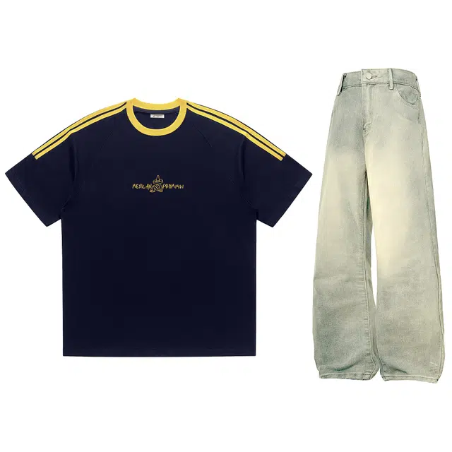 稻草人 拼接撞色学院风美式复古插肩袖基础款舒适透气简约条纹百搭纯棉宽松短袖直筒水洗做旧牛仔长裤休闲运动套装 男女同款