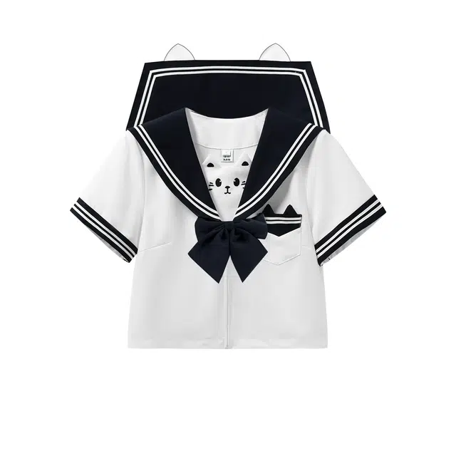 九条喵 小猫刺绣短袖撞色水手领上衣制服 女款