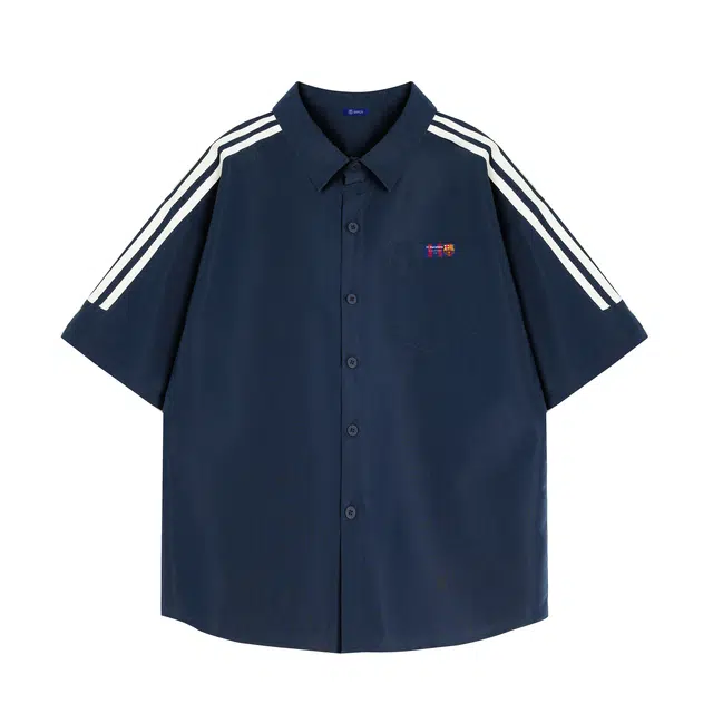 巴塞罗那足球俱乐部 美式复古三条杠设计简约学院风休闲宽松翻领凉感舒适透气日常通勤百搭落肩短袖衬衫 男女同款
